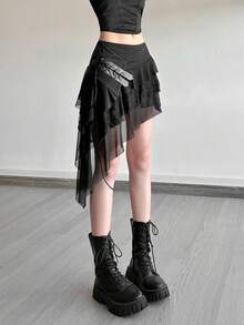 Top Dazzle 女士性感涤纶不对称短裙，略带弹力半透明面料，饰有荷叶边细节 - 黑色 - 查看 2