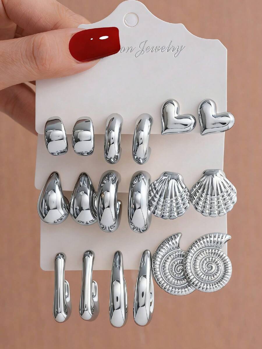 6-18pcs Fashionable Minimalist Heart, Teardrop, Shell, Conch, C-Shape, Geometric Design Stud Earrings, Suitable For Summer Travel And Daily Vacation Wear - Silver - View 1