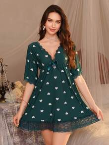 1 bộ đồ ngủ và mặc nhà bằng lụa cao cấp, in hình trái tim, phối ren, cổ chữ V, phong cách retro gợi cảm dành cho nữ. - Màu xanh lá cây đậm - Xem 2