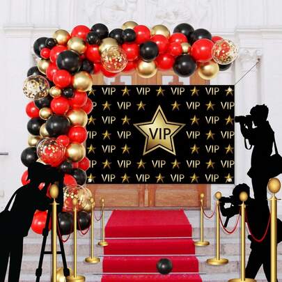 92件套VIP主题派对装饰——红毯派对装饰，包含金色、黑色和红色气球，适用于红毯主题派对、家居装饰、生日派对和拍照道具。装饰品。