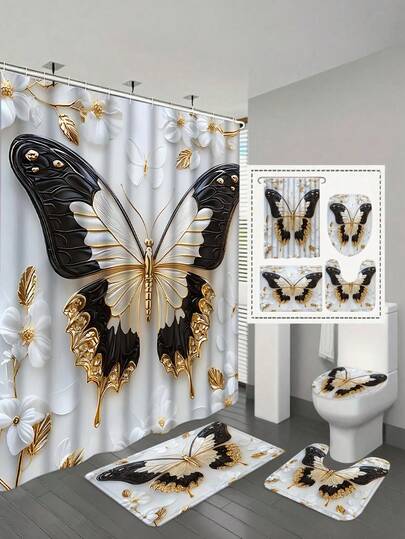 2D Flat 1/4pcs Platinum Butterfly Bathroom Set, Includes Shower Curtain, Non-Slip Mat, Toilet Lid Cover, Bath Mat And 12 Plastic Hooks, Bathroom Accessories, Home Decor, Dorm Decor, Farmhouse Decor