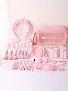 46PCS Makeup Tools Set Including:25PCS Makeup Brush Set+1pc Hairband+2PCS Circular Powder Puffs+1pc Multi-Functional Zipper Toiletry And Cosmetic Bag Waterproof+2PCS Mini Air Cushion Powder Puffs+2PCS Triangle Powder Puffs+2PCS Hand Bowl Strap+1pc Eyelash Curler+1pc Makeup Brush Cleaning Tools - Multicolor - View 1