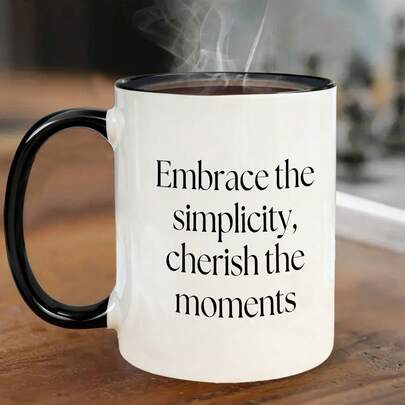 Cherish Simple Moments, Embrace Life's Beauty. Minimalist English Letter Ceramic Mug, Fresh Healing Pattern, Water Cup, Home Breakfast Cup, Office Coffee Cup, Double-Sided Printing Design