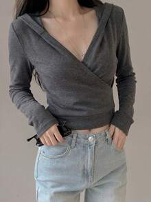 Cross V-Neck Long Sleeve Hoodie T-Shirt, Fitted & Slimming, Zipper Front - Grey - View 5