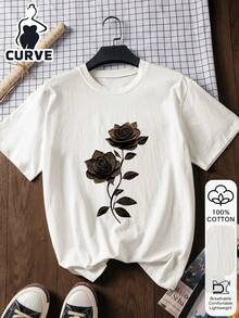 2026 Rose Print Plus Size Women's Casual Cotton Short Sleeve Top, Soft Fabric, Outdoor Wear, Oriental Aesthetic Street Style T-Shirt - 100% Premium Cotton Short Sleeve T-Shirt, 2026 Back To School Inspiration, First Day Of School , Fashion, Collegiate Style White Summer - White - View 1