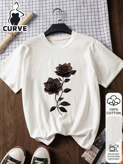 2026玫瑰印花加大码女式休闲纯棉短袖上衣，面料柔软，纯棉材质，适合户外穿着，东方美学街头风T恤 - 100%优质纯棉短袖T恤，2026返校季穿搭灵感，返校必备单品，开学第一天穿搭，2026返校季时尚，学院风服装