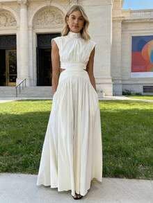 Women's Long Dress With High Neck, Sleeveless, Elegant Women's Dress With Side Cutouts And Pockets - 白色 - 查看 1