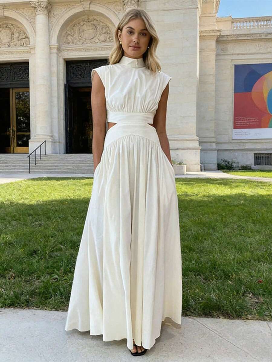 Women's Long Dress With High Neck, Sleeveless, Elegant Women's Dress With Side Cutouts And Pockets - 白色 - 查看 1