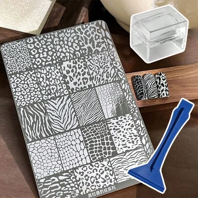 Leopard Print Mixed Graphic Steel Plate With Backing Board, French Cartoon Cat Grid Transfer Nail Art Tool
