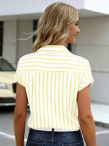 Women's Elegant Polyester Short Sleeve Collared Button Striped Print Shirt/Blouse, Regular Fit, Suitable For Spring/Summer, Daily, Work, Party, Travel, Fashionable & Versatile - Yellow - View 6