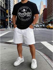 Conjunto masculino streetwear estilo vintage americano de dos piezas con estampado clásico de logo y letras en algodón ajuste holgado cuello redondo manga corta primavera verano uso casual diario set - Negro 1 - Ver 2