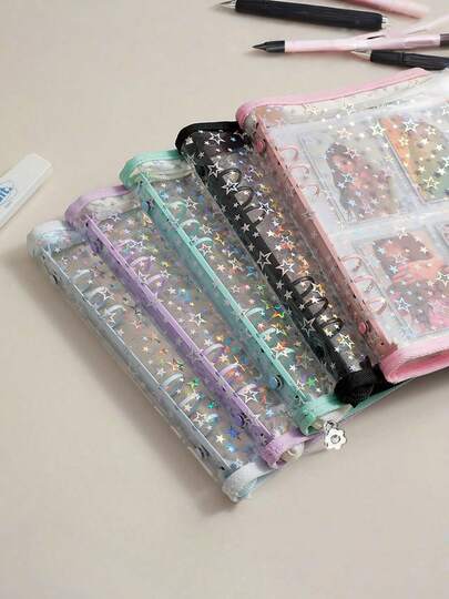 激光星形印刷 A6/A7 六孔极简透明亮面PVC拉链袋，内含活页相册、卡片夹、日记本、学习及办公用品