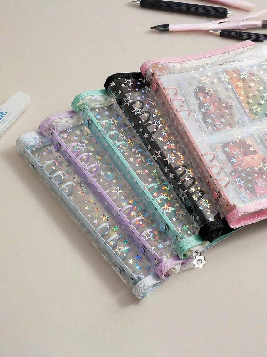 Túi đựng tài liệu Laser Star Print A6/A7 6 vòng, kiểu dáng tối giản, bằng nhựa PVC trong suốt bóng, có khóa kéo, thích hợp đựng album ảnh, thẻ, sổ tay, đồ dùng học tập và văn phòng phẩm. - nhiều màu - Xem 1