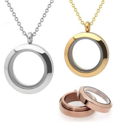 Cremation Jewelry Stainless Steel Memory Locket Charm Flat Round Necklace With Glass Double Sided Frame Glass Container Charms