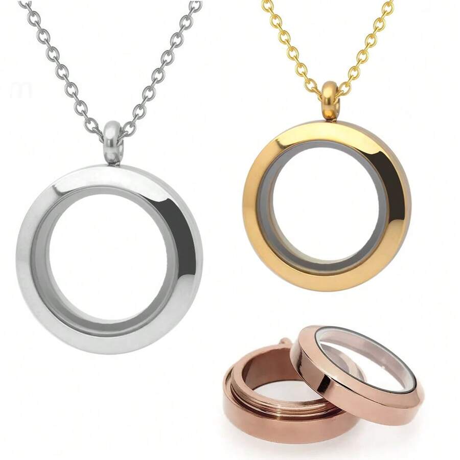 骨灰盒首饰 不锈钢记忆吊坠 扁平圆形项链 双面玻璃框 玻璃容器吊坠 - 彩色 - 查看 1