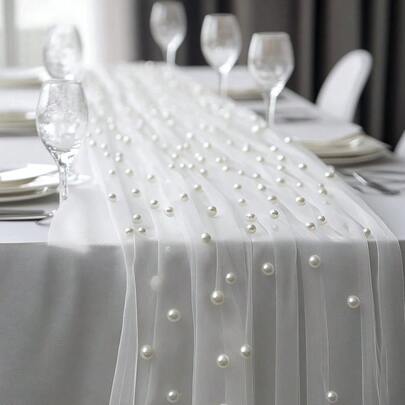 1pc Pearl Gauze Table Runner-118inch Seasonal Sheer Dining Holiday Wedding Birthday Baby Shower Table Decor For Home Party