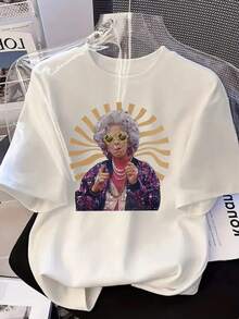 大码女式休闲印花圆领短袖T恤，适合春、夏、秋季穿着，也适合老年女士，适合返校季和暑假穿着，白色 - 白色 - 查看 4