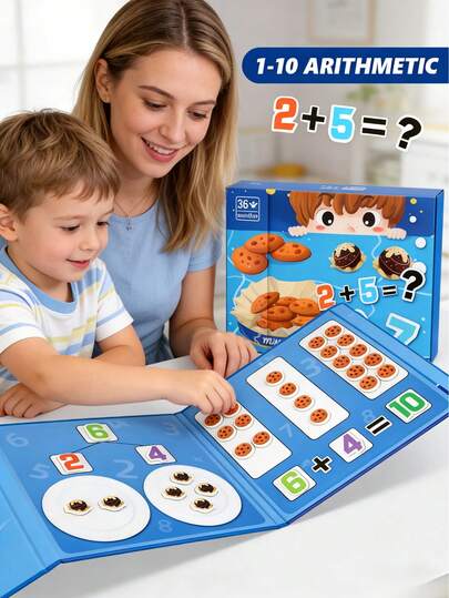 Libro de puzle magnético de letras y matemáticas: Tema de galletas 1-10 Juego de aprendizaje de matemáticas, adecuado para niños de 3 a 5 años, incluye pegatinas de números y alimentos, juguete educativo temprano y divertido, excelente para practicar el conteo y la suma básica, regalo ideal al estilo Montessori para desarrollar habilidades cognitivas y matemáticas