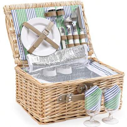 Cesta de picnic de mimbre para 2 personas juego de cestas de sauce con compartimento aislado cesta de picnic hecha a mano para 2 personas clásica rayas verdes con utensilios perfecto para picnic