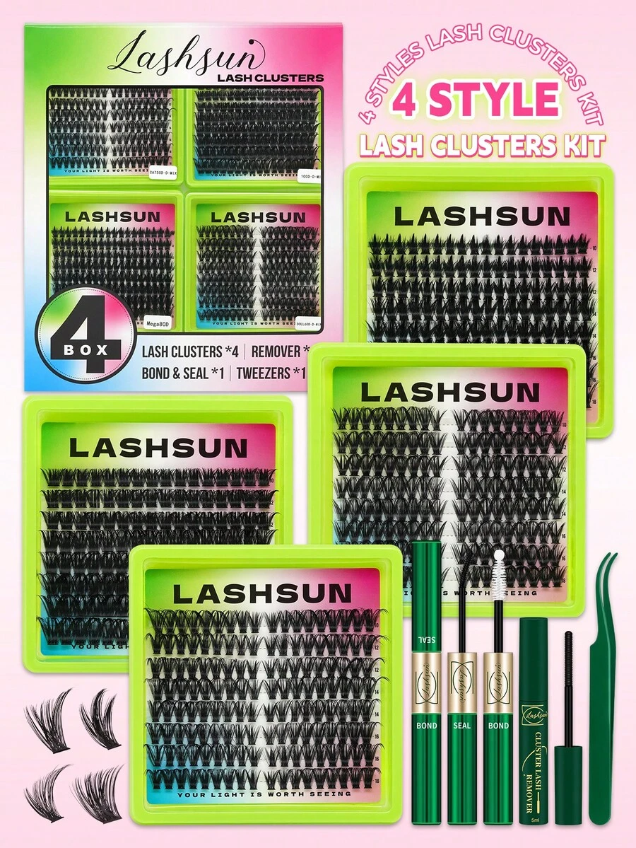 Lashsun 560 PCS 4 Styles D Curl Cat/Doll/Mega/Volume Lash Clusters Kit, Eyelash Clusters Extensions With Bond&Seal Remover Tweezers For Beginners And Proficient, DIY At Home Easily, Soft Comfortable Easy Apply Natural Look For Makeup Daily Life - Black - View 1