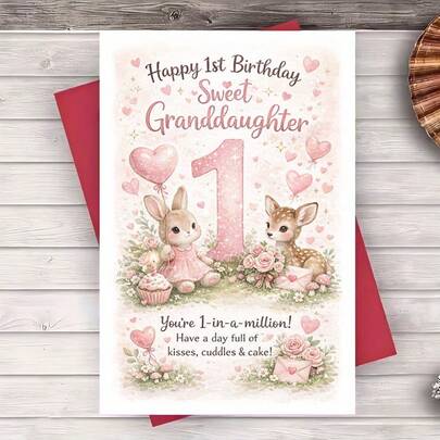 1pc Cute Rabbit & Deer Pattern 1st Birthday Greeting Card, Suitable For Family Celebration, Also A Memorable Gift For Grandparents And Loved Ones. Paper Material, English Version.