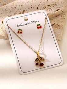 Set de 3 piezas de joyería de cereza dulce para mujer - Pendientes y collar románticos y lindos de moda, accesorios elegantes como regalo - Conjunto de collar y pendientes de cereza - Ver 4