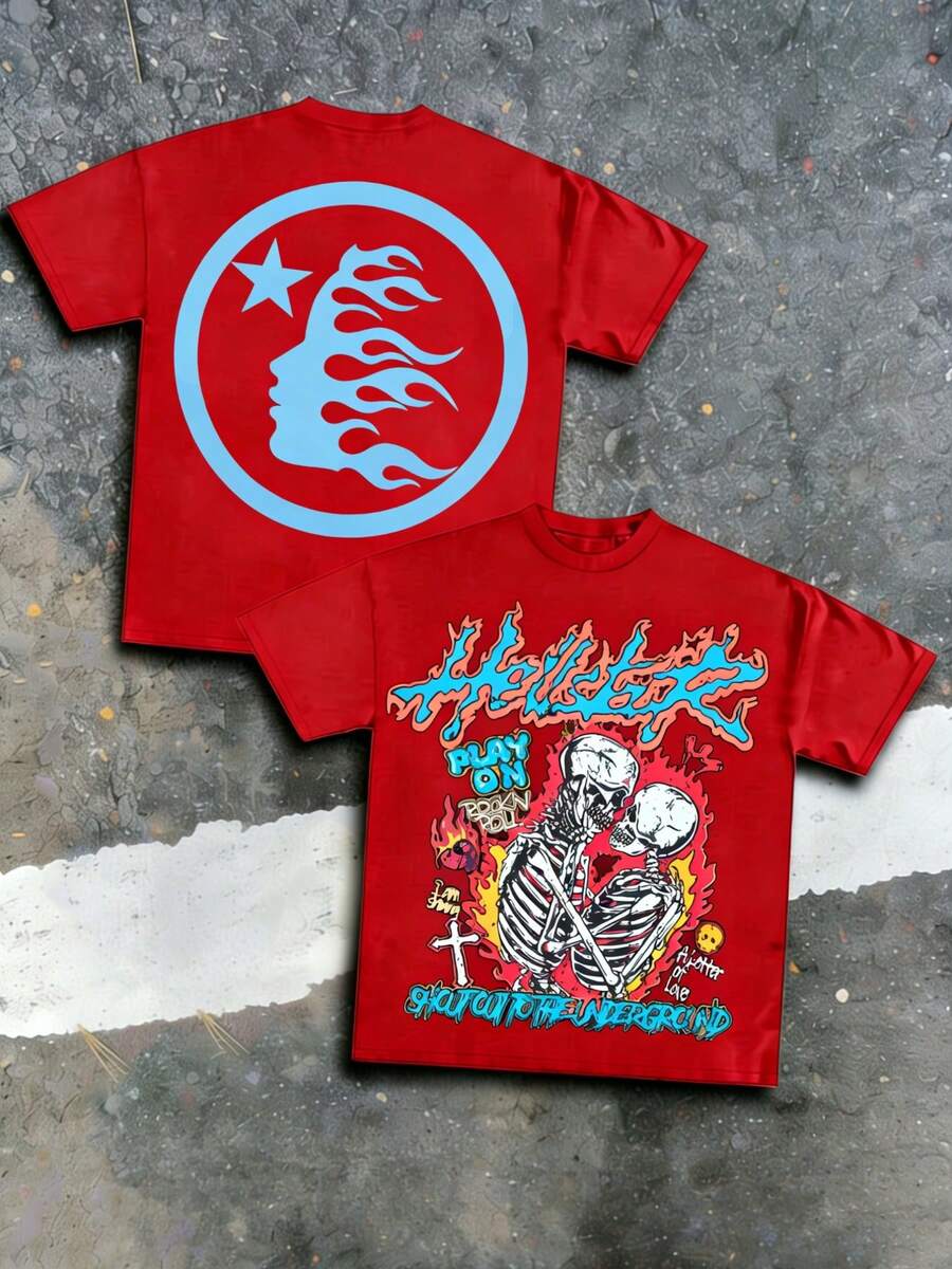 Hellstars Kissing Skeletons Shout Out To The Underground Vintage T-Shirt Double Sided Printed (220g 100% Cotton T-Shirt),Summer Clothes, Men's Tops, Casual And Comfortable, Fashionable Graphic Tee, Unisex Style - Red - View 1