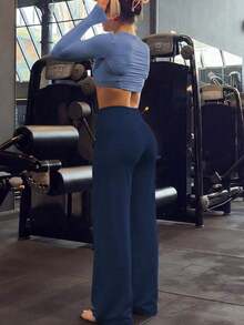 Women's Minimalist High Waist Wide Leg Pants, Casual Comfortable Sports Leggings, High Elastic Flare Commuting Yoga Pants, Women's Sportswear, Knit Fabric, Elastic Comfort, Suitable Daily Wear And Sports, Flare Tight Pants, Women's Sports Pants Spring - Màu Tím - Xem 9