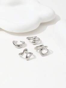 Bộ 4 chiếc nhẫn bản rộng, không đối xứng, sáng bóng, thích hợp làm quà tặng trang sức cho nữ giới khi đeo hàng ngày. - Bạc - Xem 3