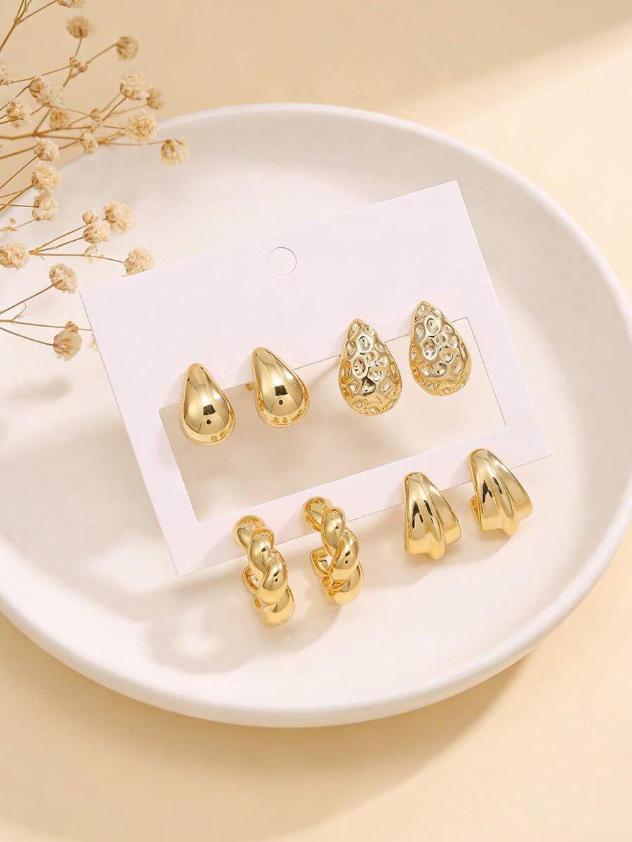 Set de 8 piezas de aretes con forma de gota dorados lindos para mujeres, accesorio de moda versátil para uso diario y de fiesta, excelente opción de regalo - Dorado - Ver 1