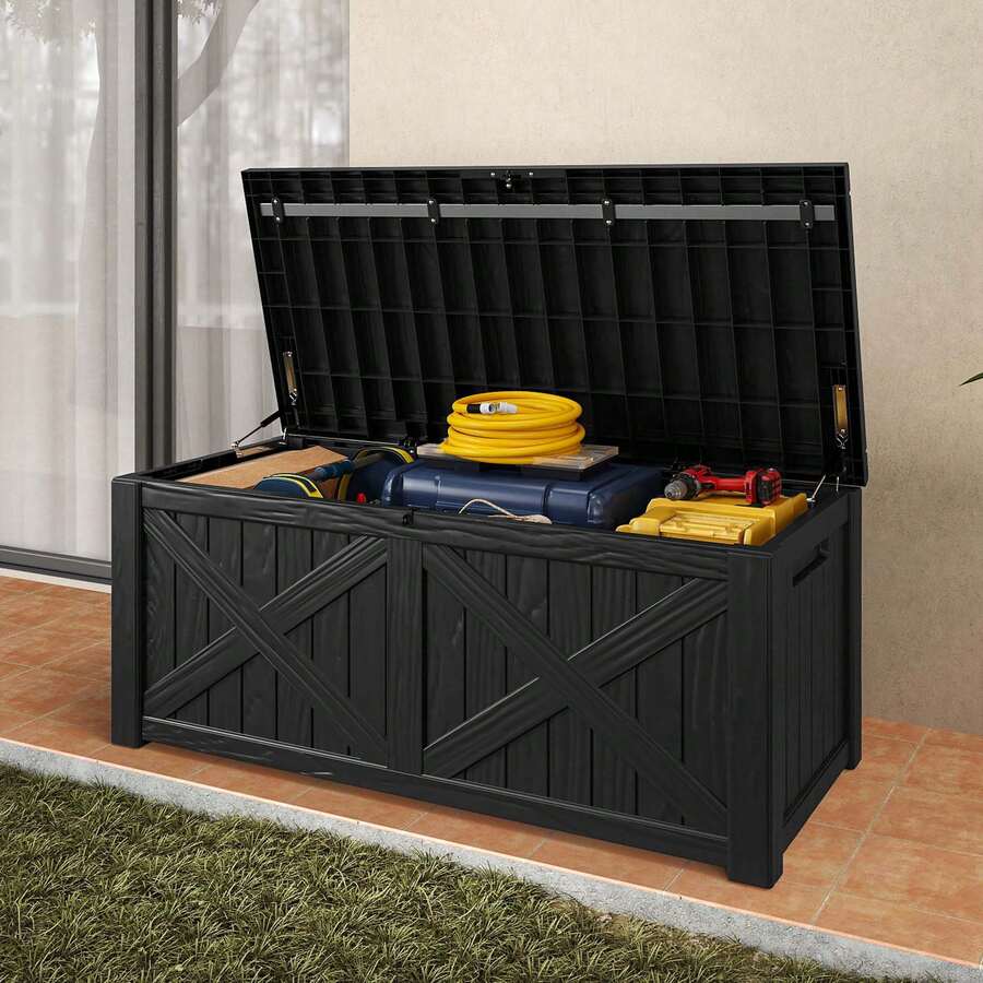 Yitahome Outdoor Storage Box|450L 143x67x60.5cm|X-Front Design|Garden Patio Box For Cushions, Pool Gear, Tools|Waterproof||Securely Lockable|Side Carry Handles|All Weather Resistant - Black - View 1