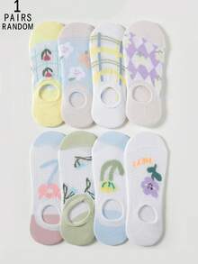 1/5/10/15/20双随机款女士春夏薄款花卉字母印花网眼透气防滑隐形低帮船袜，时尚百搭 - 彩色 - 查看 13