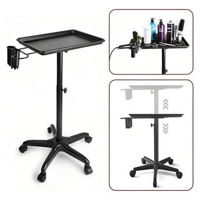 Carro de bandeja de salón Bandeja rodante de salón de altura ajustable Carro de bandeja de tatuaje de aluminio con soporte para secador de pelo para tienda de tatuajes Peluquería Salón de masajes Negro