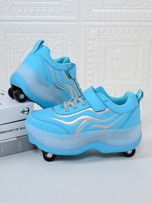 Girls' Sky Blue Wave Pattern , Hook And Loop 4-Wheel Retractable Roller Skates, Children's Sports Inline Skates - Mint Blue - View 1