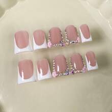 NAILART Send Randomly 10pcs Pink Duckbill Handmade Press On Nails Art Simple White French Short Fake Nail Wearable Rhinestones Design False Nails Tips - 589-L - 查看 1