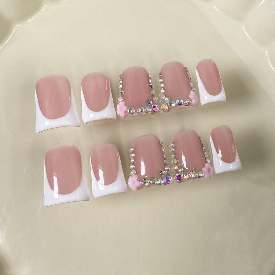 NAILART Send Randomly 10pcs Pink Duckbill Handmade Press On Nails Art Simple White French Short Fake Nail Wearable Rhinestones Design False Nails Tips - 589-L - 查看 1