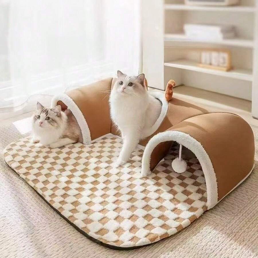 Giường ngủ đường hầm 3 trong 1 ấm cúng cho mèo - Thảm chơi và tổ ấm, đáy chống trơn trượt, phù hợp cho mèo nhỏ đến trung bình, thỏ và chuột hamster.