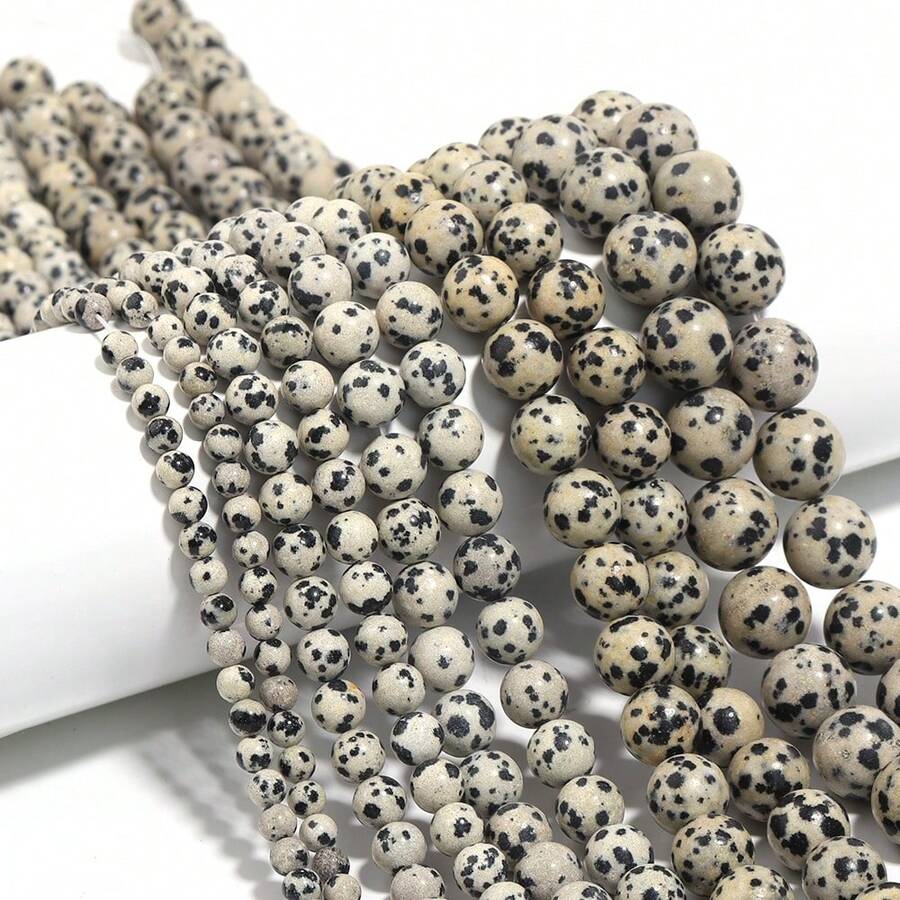 Cuentas de jaspe dálmata natural suave - Piedras con puntos negros de perro para hacer joyas, hilos de 4 mm a 12 mm