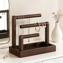 1pc Wooden Jewelry Organizer Rack With 3-Tier Rods And Tray | For Necklaces, Bracelets, Rings Storage, Suitable For Vanity, Closet, Bedroom | Vintage Style Home Decor For Women And Girls - Multicolor - View 4