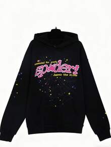 Autumn/Winter Streetwear Hip Hoodie With Spiderweb Print, Fashionable Sporty Hoodie - 黑色 - 查看 1
