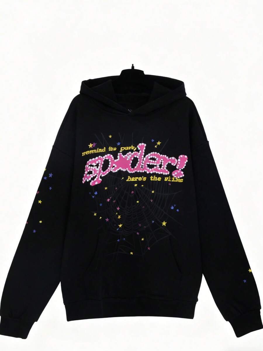 Autumn/Winter Streetwear Hip Hoodie With Spiderweb Print, Fashionable Sporty Hoodie - 黑色 - 查看 1