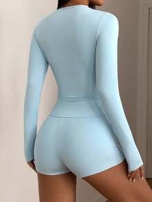 2pcs Women's Sexy Light Blue Long Sleeve Round Neck Top And Shorts Set, Made Of Medium Stretch Fabric Spring - Mint Blue - View 7