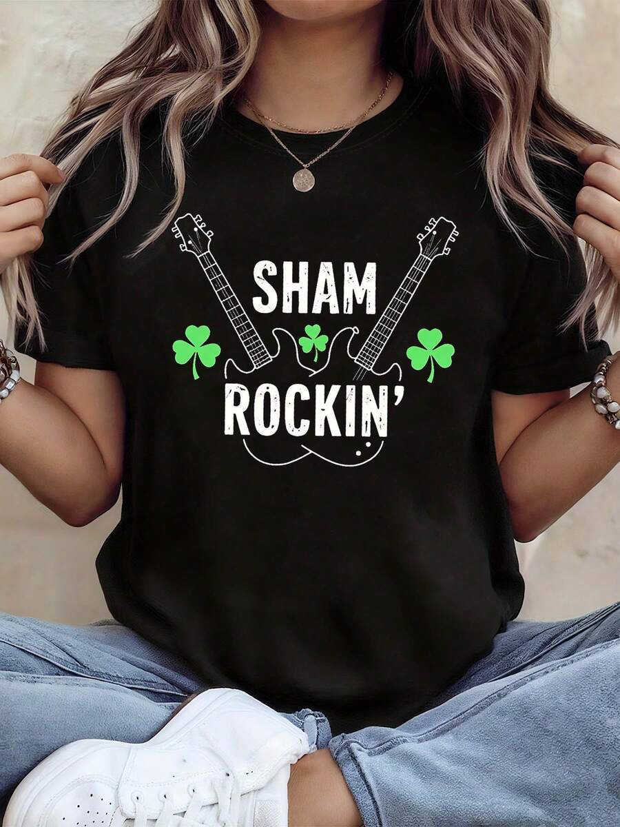 Sham Rockin' St Patrick's Day Guitar Graphic Print T - Shirt Women's Spring - Summer Short - Sleeve Crew - Neck Casual T - Shirt, Daily Leisure, Holiday Gift - 黑色 - 查看 1