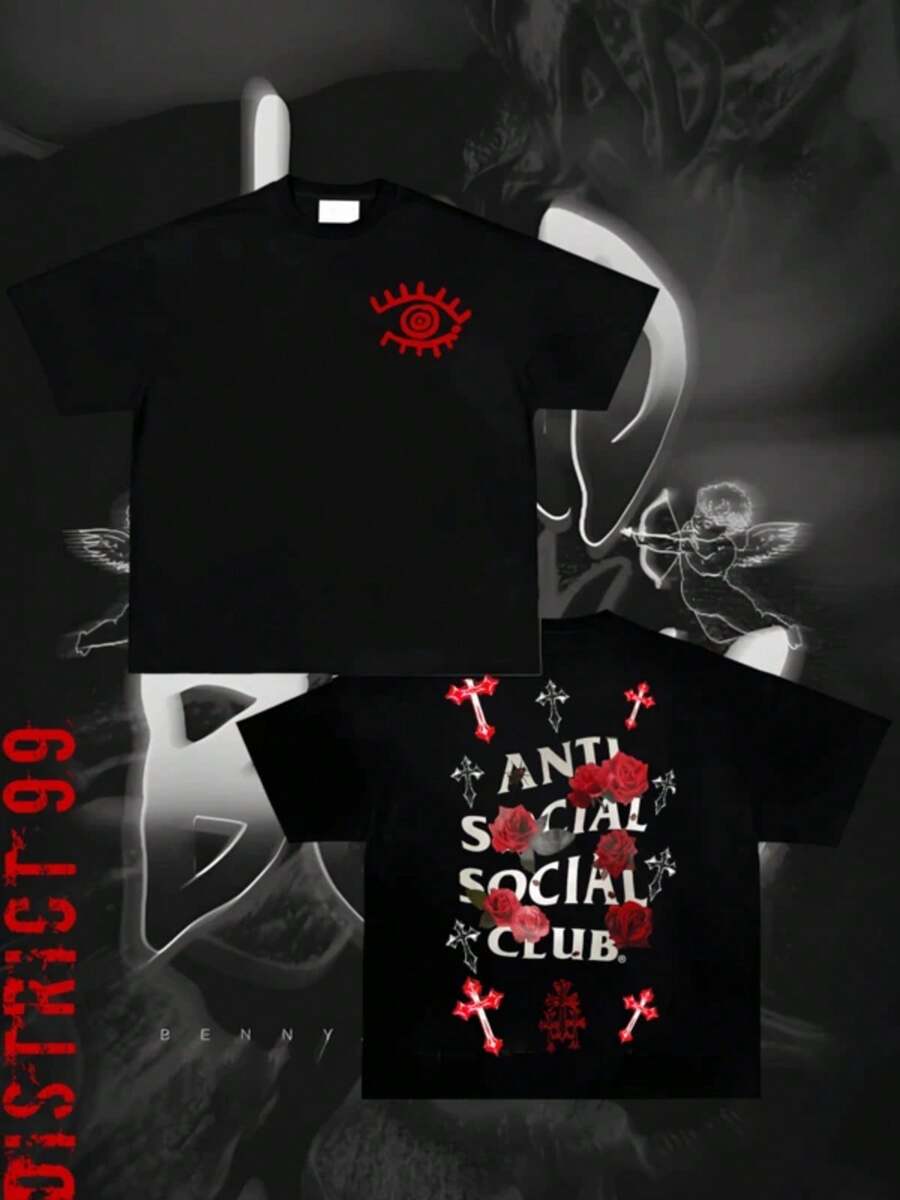 Graphic-Shirt Cotton Tees Size Plus,Anti Social Club Graphic Cropped T-Shirt For Boys And Girls Men, Women All Ages Family T-Shirt Letter New Streetwear Clothing Harajuku T-Shirt Cotton Half Sleeve Tee, Y2K Style Casual Cotton Classic Crewneck Design Tee ,Y2K,Oversized Shirt Men,Summer Tops - Black - View 1