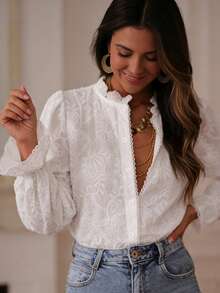 French Fitted Elegant Versatile Blouse, Solid Color Lace Collar, Floral Embroidery, Long Sleeve Shirt For Daily Wear White - White - View 2