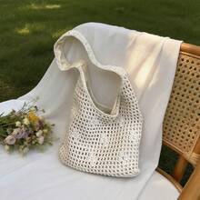 镂空编织手提包，手工钩编休闲单肩包，大容量度假风 - 米色 - 查看 3