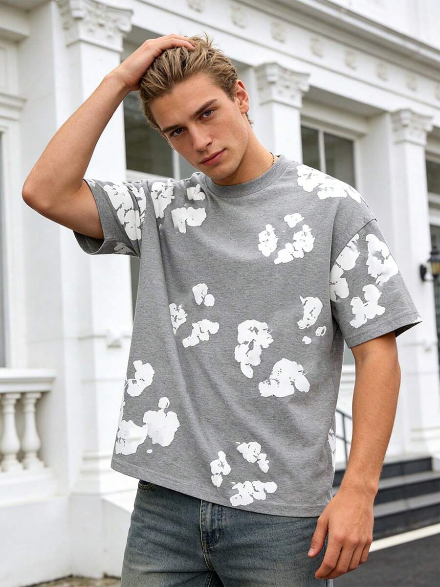 Men's Denim Short-Sleeve Tears Top With Puffy Cotton Wreath Print Summer Regular Style Print Short Sleeve - Grey - View 1