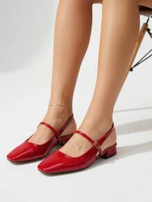 Zapatos Mary Jane para mujer de punta cuadrada retro, charol francés rojo, correa con hebilla, talón descubierto, taco bajo y ancho - Rojo - Ver 4