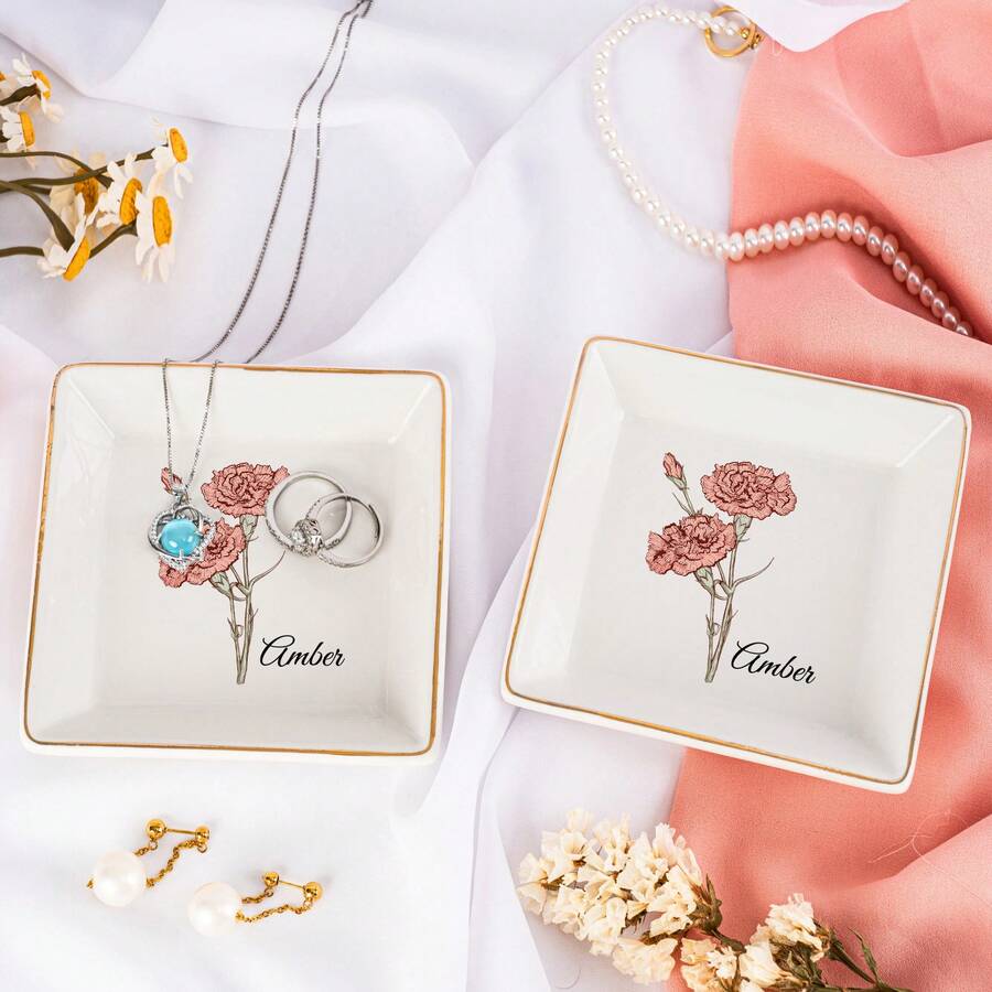 Khay đựng trang sức hình hoa theo tháng sinh, khay gốm sứ khắc tên riêng, giá đựng nhẫn độc đáo dành cho nữ, bạn gái, quà tặng Ngày của Mẹ hoặc sinh nhật. - Nhiều màu - Xem 1