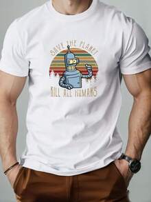 Stylish And Breathable Short-Sleeve Men'S T-Shirt For Summer, Featuring A Loose Fit, Moisture-Wicking Fabric, Retro Street Style, Round Neck, Pullover Design,  Humorous Vintage Robot Print, Sweat-Resistant - White - View 2